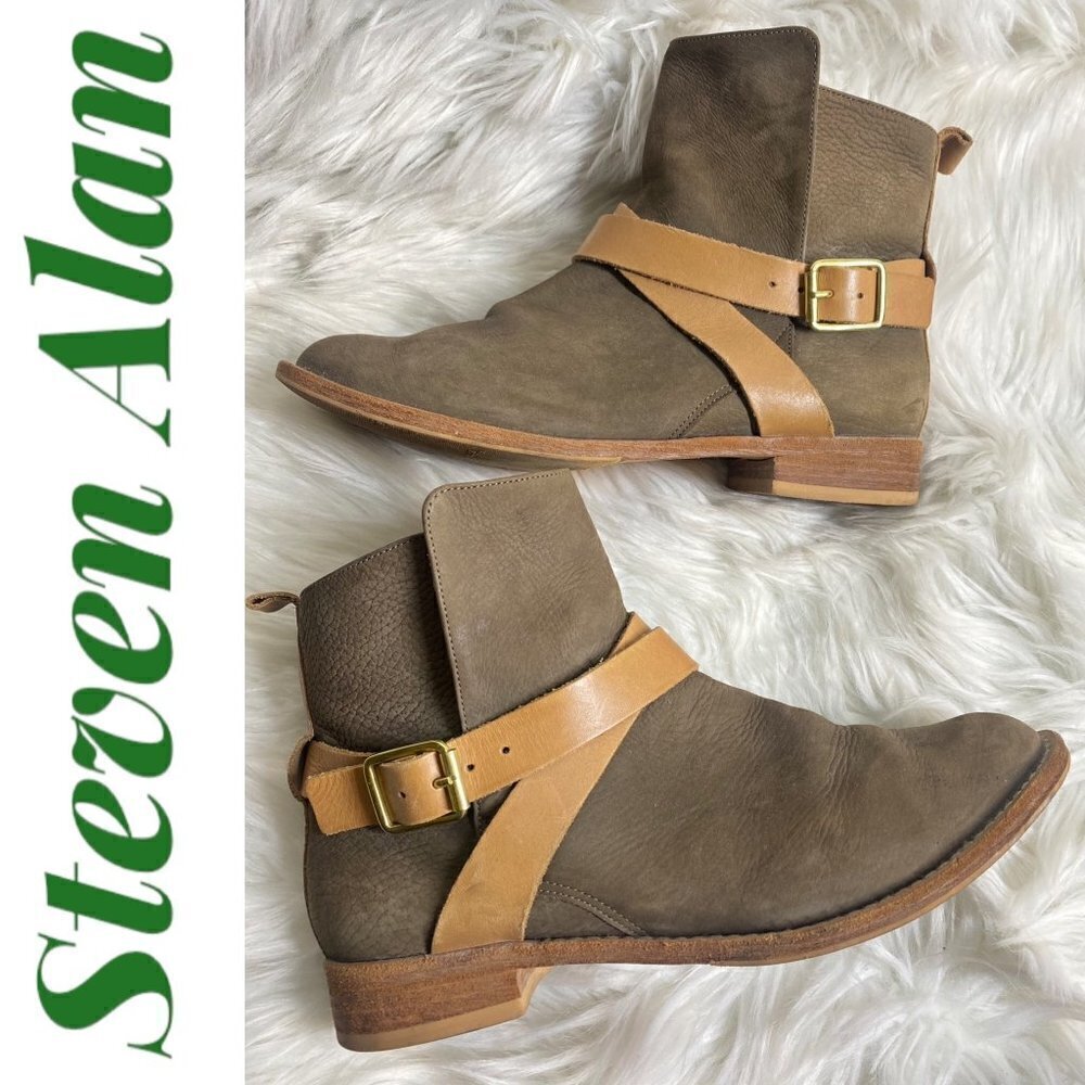 STEVEN ALAN Jodphur Genuine Suede Wrap Buckle Taupe Chelsea Bootie, Size 38‎
